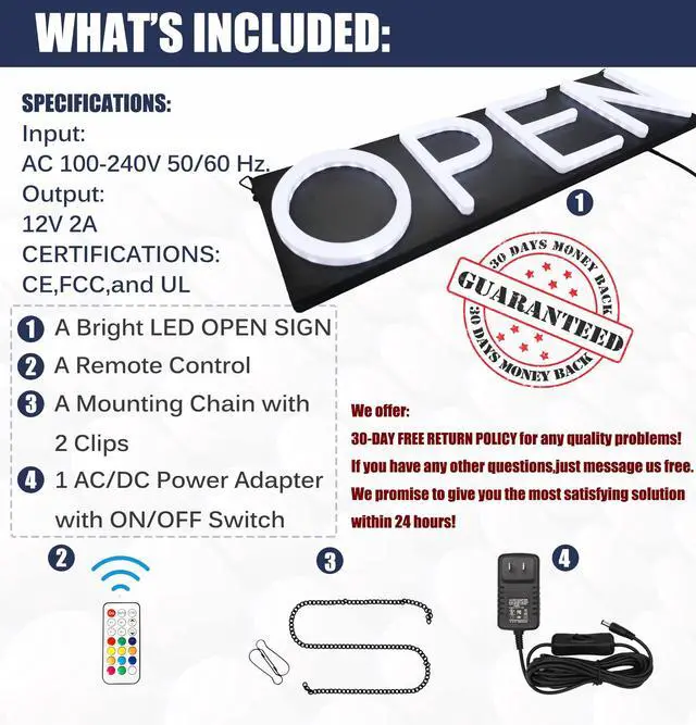 Alt view image 4 of 7 - Open Signs for Business,Neon Open Sign Led,20x7 inch with Remote Control,Bright Light Up Sign,Window Door Wall Mounted Bar Coffee Salon Store,12V/2A Horizontal RGB