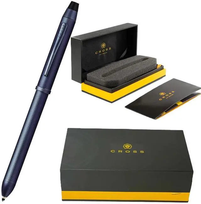 Main image of Tech3+ with Sophisticated Brushed diamond pattern finish Barrel & interchangeable cap tops, Multi-function Pen - 0.5 MM Lead Pencil, Black & Red Ink Refills in One Pen. (Blue)