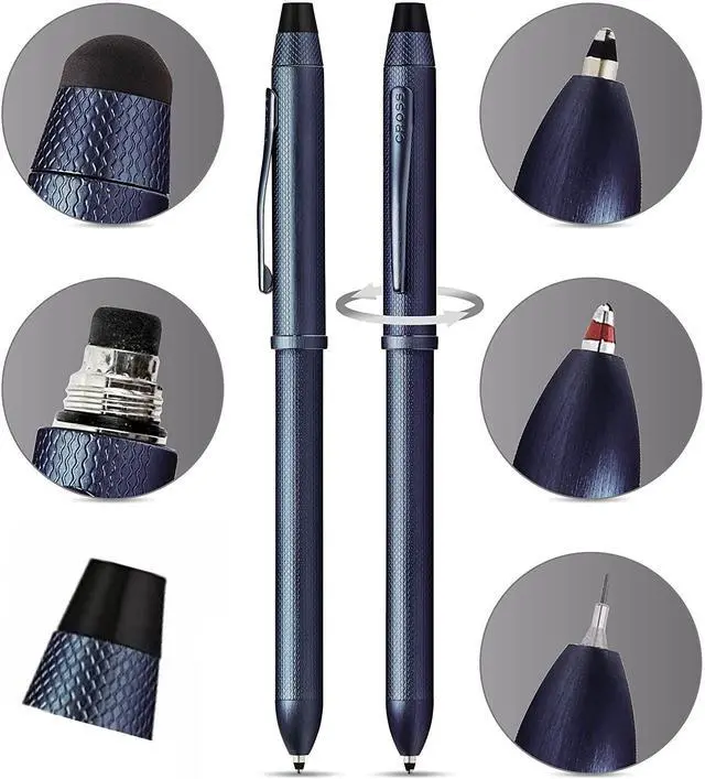 Alt view image 2 of 5 - Tech3+ with Sophisticated Brushed diamond pattern finish Barrel & interchangeable cap tops, Multi-function Pen - 0.5 MM Lead Pencil, Black & Red Ink Refills in One Pen. (Blue)