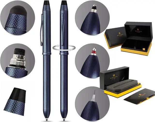 Alt view image 3 of 5 - Tech3+ with Sophisticated Brushed diamond pattern finish Barrel & interchangeable cap tops, Multi-function Pen - 0.5 MM Lead Pencil, Black & Red Ink Refills in One Pen. (Blue)