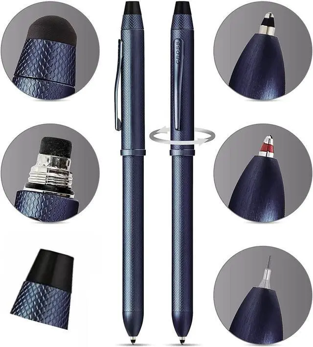 Alt view image 4 of 5 - Tech3+ with Sophisticated Brushed diamond pattern finish Barrel & interchangeable cap tops, Multi-function Pen - 0.5 MM Lead Pencil, Black & Red Ink Refills in One Pen. (Blue)