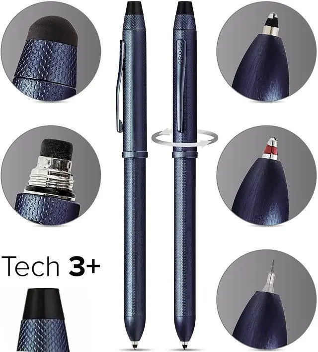 Alt view image 5 of 5 - Tech3+ with Sophisticated Brushed diamond pattern finish Barrel & interchangeable cap tops, Multi-function Pen - 0.5 MM Lead Pencil, Black & Red Ink Refills in One Pen. (Blue)