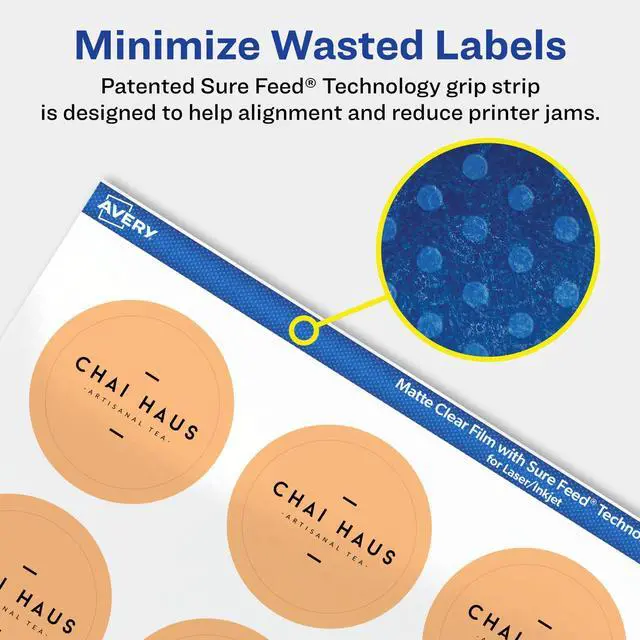Alt view image 4 of 7 - ® Matte Clear Round Labels, Sure Feed® Technology, 1.5" Diameter, 1,000 Matte Clear Labels, Print-to-The-Edge, Laser/Inkjet Printable