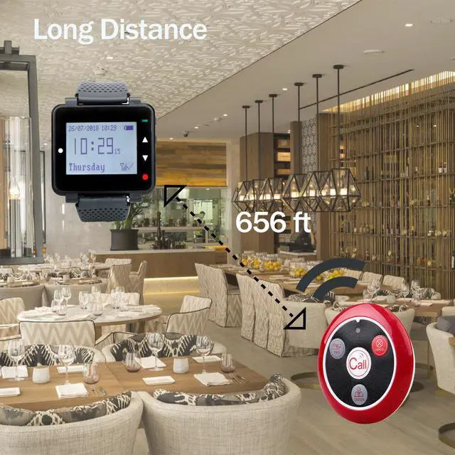 Alt view image 2 of 7 - T128 Restaurant Pager System, Wireless Call System, 10 Buttons | for Waiter, Customer, Staff, Caregiver, 4-Key Waterproof Alert Call Buttons, 200M Working Distance, Multiple Reminder modes