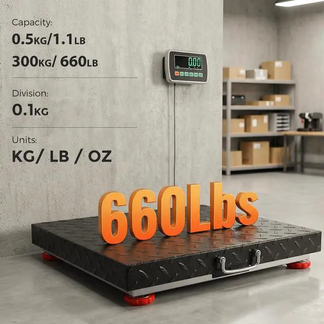 Alt view image 4 of 6 - Heavy Duty Floor Scale with 20.5 X 17.7 Large Stainless Steel Platform, 660LBs Industrial Bench Scale for Packages, Luggage, Suitcases, Boxes