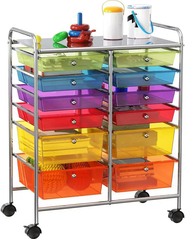 Main image of 12 Drawers Rolling Utility Cart Organizer, Multicolor | 2-Column, 32" Height, Lockable Wheels, for School, Office, Art Craft, and Paper Storage