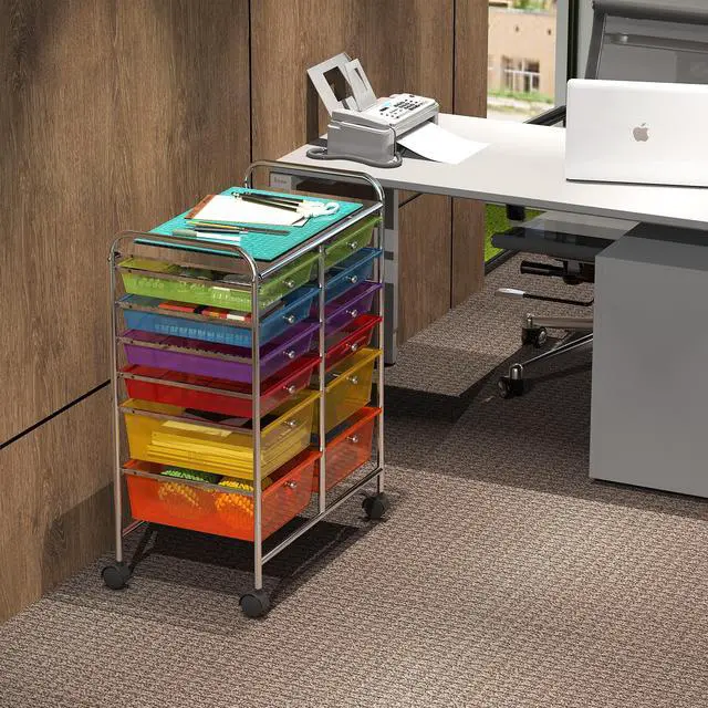 Alt view image 2 of 7 - 12 Drawers Rolling Utility Cart Organizer, Multicolor | 2-Column, 32" Height, Lockable Wheels, for School, Office, Art Craft, and Paper Storage