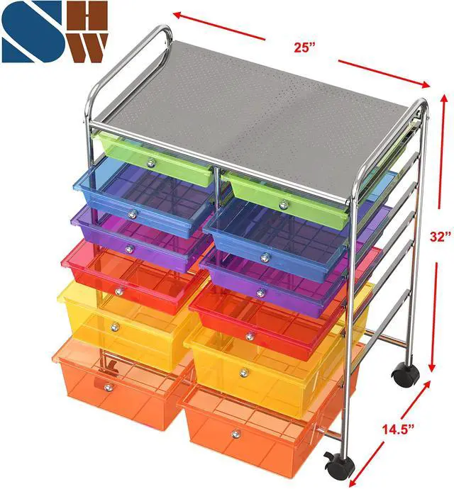 Alt view image 3 of 7 - 12 Drawers Rolling Utility Cart Organizer, Multicolor | 2-Column, 32" Height, Lockable Wheels, for School, Office, Art Craft, and Paper Storage