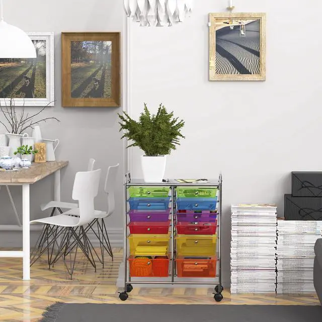 Alt view image 5 of 7 - 12 Drawers Rolling Utility Cart Organizer, Multicolor | 2-Column, 32" Height, Lockable Wheels, for School, Office, Art Craft, and Paper Storage