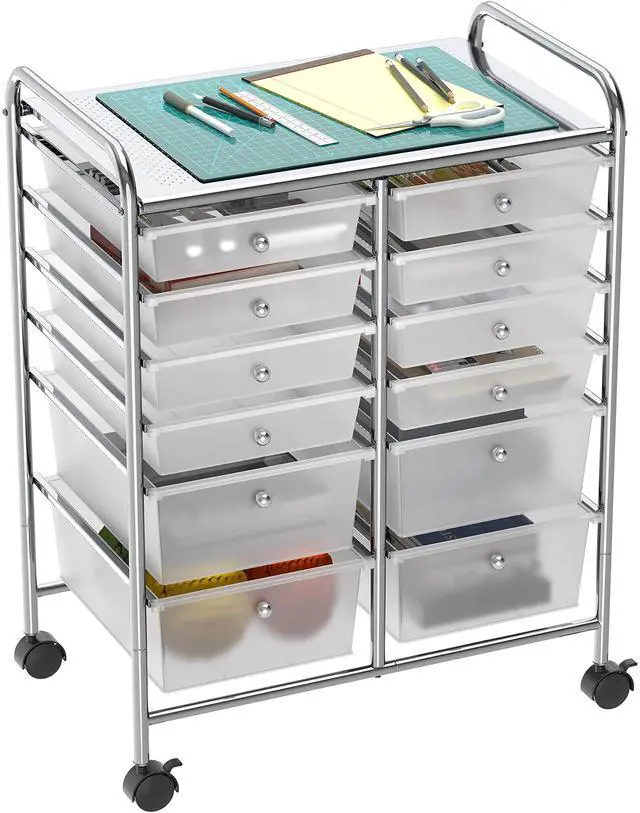 Main image of 12 Drawers Rolling Utility Cart Organizer, Chrome | 2-Column, 32" Height, Lockable Wheels, for School, Office, Art Craft, and Paper Storage