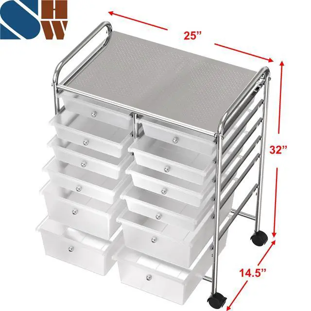 Alt view image 3 of 6 - 12 Drawers Rolling Utility Cart Organizer, Chrome | 2-Column, 32" Height, Lockable Wheels, for School, Office, Art Craft, and Paper Storage