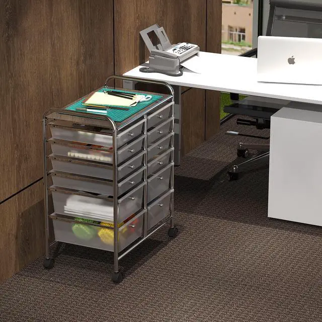 Alt view image 2 of 6 - 12 Drawers Rolling Utility Cart Organizer, Chrome | 2-Column, 32" Height, Lockable Wheels, for School, Office, Art Craft, and Paper Storage