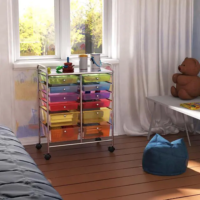 Alt view image 6 of 7 - 12 Drawers Rolling Utility Cart Organizer, Multicolor | 2-Column, 32" Height, Lockable Wheels, for School, Office, Art Craft, and Paper Storage