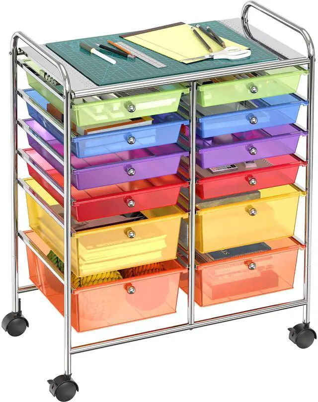 Alt view image 7 of 7 - 12 Drawers Rolling Utility Cart Organizer, Multicolor | 2-Column, 32" Height, Lockable Wheels, for School, Office, Art Craft, and Paper Storage