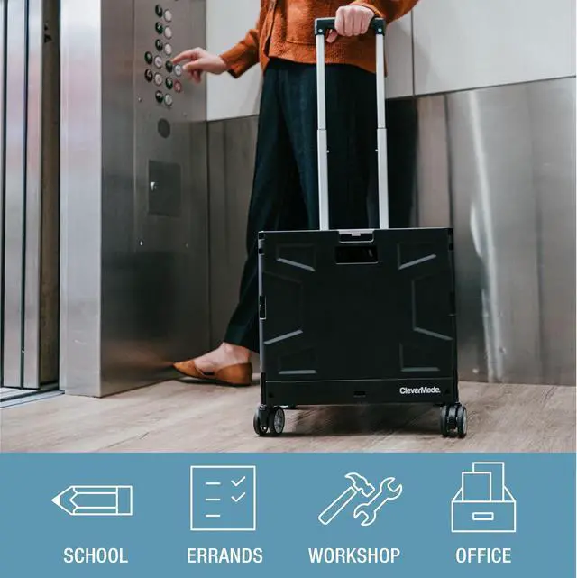 Alt view image 4 of 7 - Collapsible Rolling Crate with Lid, 55L, 4-Wheel, Cool Gray | Four swivel wheels move in any direction, while the telescoping handle guides up to 100 lb. Folds to 3.75 inches for storage