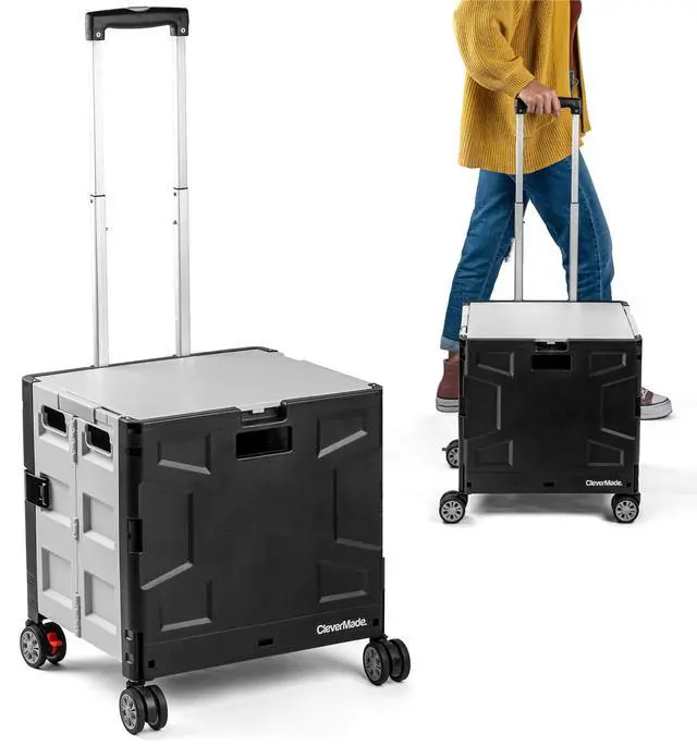 Main image of Collapsible Rolling Crate with Lid, 55L, 4-Wheel, Cool Gray | Four swivel wheels move in any direction, while the telescoping handle guides up to 100 lb. Folds to 3.75 inches for storage