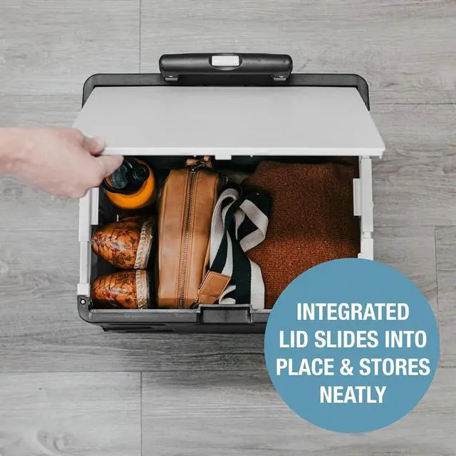 Alt view image 5 of 7 - Collapsible Rolling Crate with Lid, 55L, 4-Wheel, Cool Gray | Four swivel wheels move in any direction, while the telescoping handle guides up to 100 lb. Folds to 3.75 inches for storage