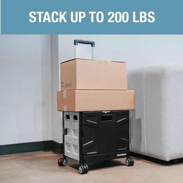 Alt view image 6 of 7 - Collapsible Rolling Crate with Lid, 55L, 4-Wheel, Cool Gray | Four swivel wheels move in any direction, while the telescoping handle guides up to 100 lb. Folds to 3.75 inches for storage