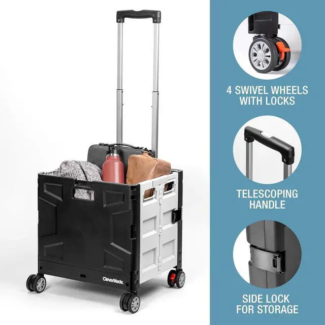 Alt view image 3 of 7 - Collapsible Rolling Crate with Lid, 55L, 4-Wheel, Cool Gray | Four swivel wheels move in any direction, while the telescoping handle guides up to 100 lb. Folds to 3.75 inches for storage