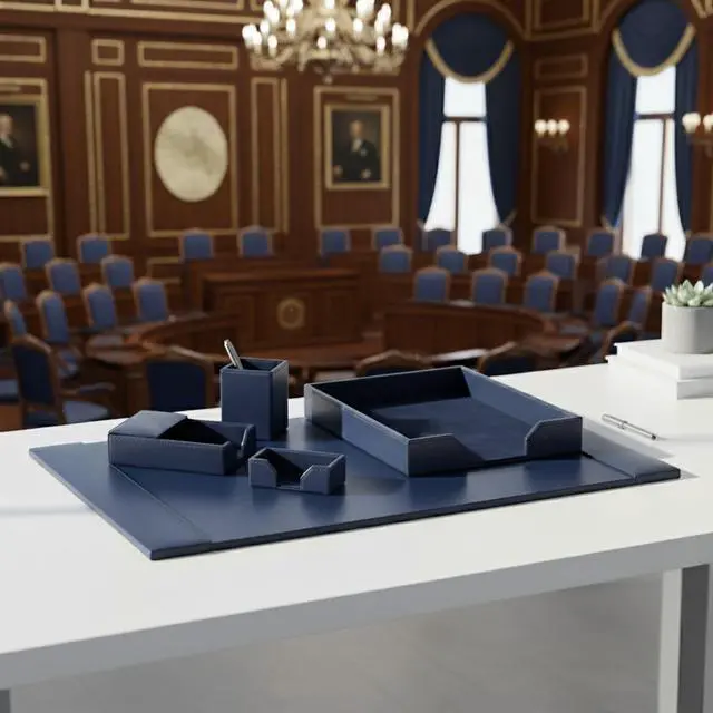 Alt view image 3 of 7 - Bonded Leather Desk Set - Luxury Leather Desk Pad & Desk Organization Essentials (Navy Blue, 5 Piece)