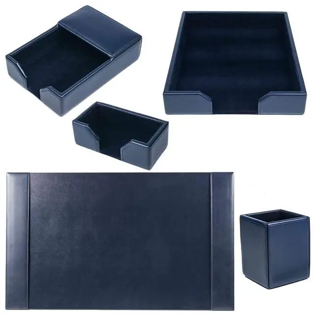 Alt view image 4 of 7 - Bonded Leather Desk Set - Luxury Leather Desk Pad & Desk Organization Essentials (Navy Blue, 5 Piece)