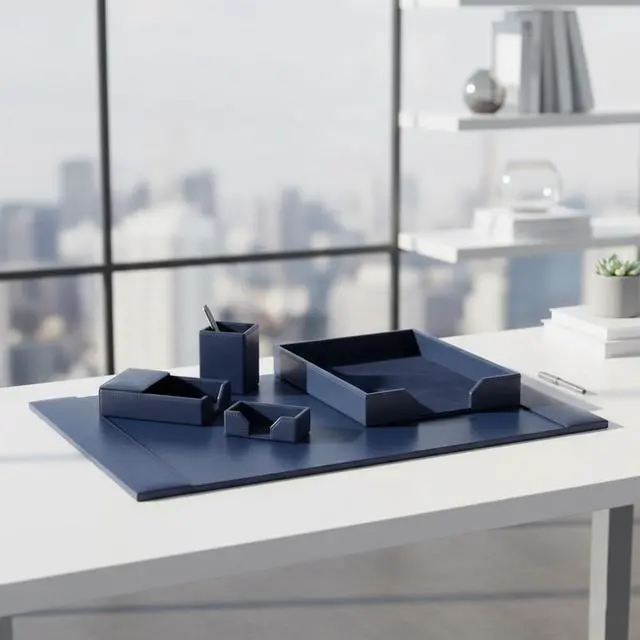 Alt view image 5 of 7 - Bonded Leather Desk Set - Luxury Leather Desk Pad & Desk Organization Essentials (Navy Blue, 5 Piece)