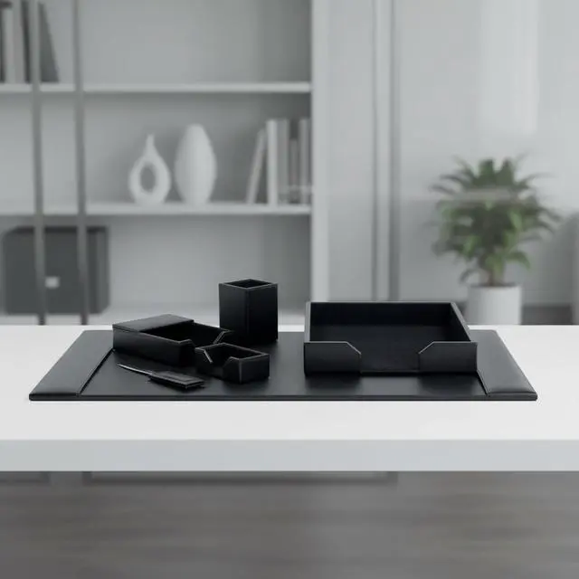 Alt view image 6 of 7 - Bonded Leather Desk Set - Luxury Leather Desk Pad & Desk Organization Essentials (Black, 6 Piece)