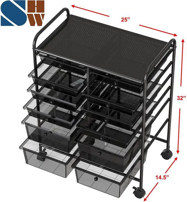 Alt view image 3 of 6 - 12 Drawers Rolling Utility Cart Organizer, Black | 2-Column, 32" Height, Lockable Wheels, for School, Office, Art Craft, and Paper Storage