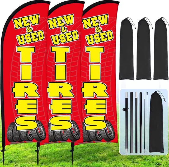 Main image of 3 Sets Tires Shop Feather Flags with Poles 7ft New and Use Tires Flags for Businesses Outdoor Advertising Banner Sign to Sale Tyre Signs Supplies(Red)