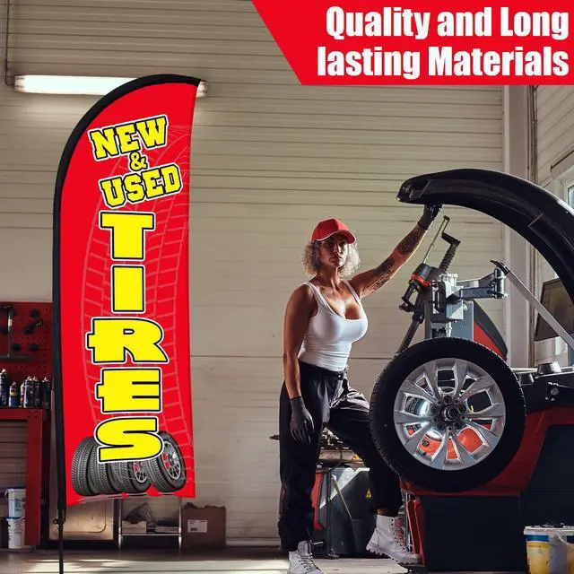 Alt view image 3 of 6 - 3 Sets Tires Shop Feather Flags with Poles 7ft New and Use Tires Flags for Businesses Outdoor Advertising Banner Sign to Sale Tyre Signs Supplies(Red)
