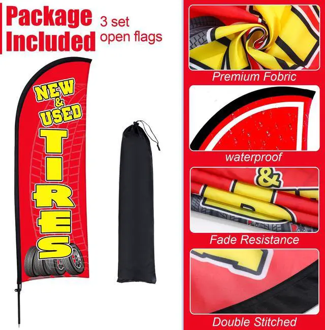 Alt view image 5 of 6 - 3 Sets Tires Shop Feather Flags with Poles 7ft New and Use Tires Flags for Businesses Outdoor Advertising Banner Sign to Sale Tyre Signs Supplies(Red)