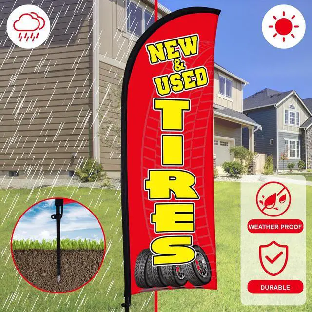 Alt view image 6 of 6 - 3 Sets Tires Shop Feather Flags with Poles 7ft New and Use Tires Flags for Businesses Outdoor Advertising Banner Sign to Sale Tyre Signs Supplies(Red)