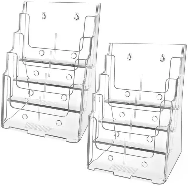 Main image of 4 Tier Brochure Holder, 8.5 x 11, Removable Divider, 2 Pack | Clear Acrylic Material, Fits 8.5 x 11 Literature or 4 x 9 Brochures, Wall Mount or Countertop, Non Slip Slot, Polished Edges