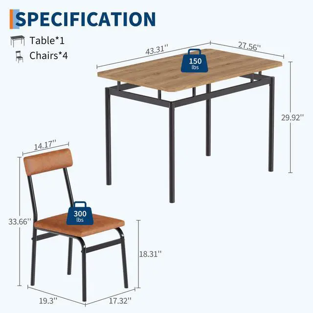 Alt view image 2 of 7 - Dining Table Set for 4, 5 Piece Wooden Dining Table and Chairs, 4 PU Upholstered Chair, Modern Metal Frame Dinette Set for Dining Room, Home Dinner, Party, Apartment, Brown
