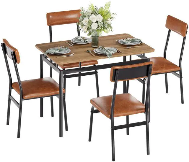 Main image of Dining Table Set for 4, 5 Piece Wooden Dining Table and Chairs, 4 PU Upholstered Chair, Modern Metal Frame Dinette Set for Dining Room, Home Dinner, Party, Apartment, Brown