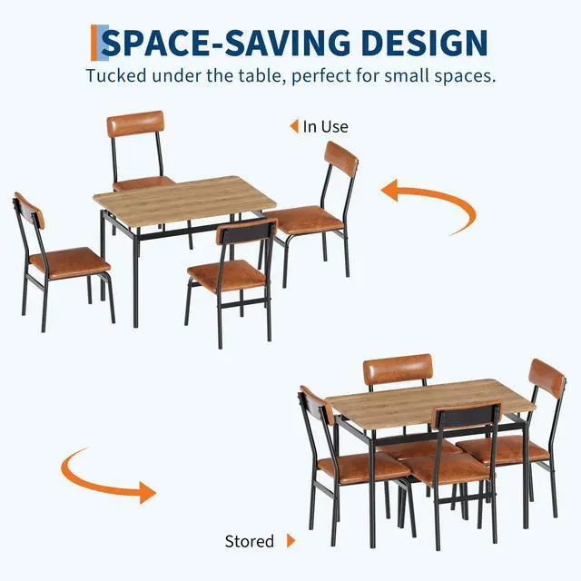 Alt view image 3 of 7 - Dining Table Set for 4, 5 Piece Wooden Dining Table and Chairs, 4 PU Upholstered Chair, Modern Metal Frame Dinette Set for Dining Room, Home Dinner, Party, Apartment, Brown