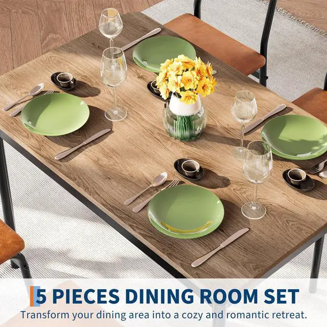 Alt view image 4 of 7 - Dining Table Set for 4, 5 Piece Wooden Dining Table and Chairs, 4 PU Upholstered Chair, Modern Metal Frame Dinette Set for Dining Room, Home Dinner, Party, Apartment, Brown