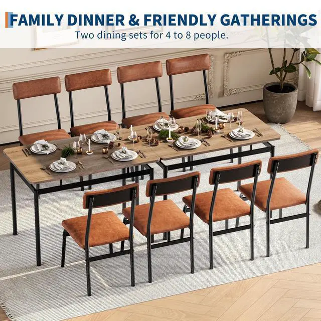 Alt view image 7 of 7 - Dining Table Set for 4, 5 Piece Wooden Dining Table and Chairs, 4 PU Upholstered Chair, Modern Metal Frame Dinette Set for Dining Room, Home Dinner, Party, Apartment, Brown