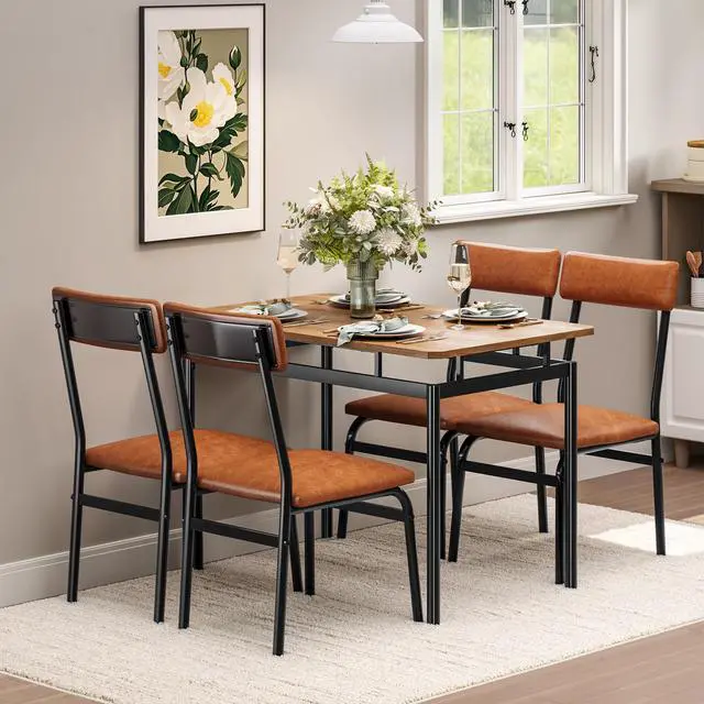 Alt view image 6 of 7 - Dining Table Set for 4, 5 Piece Wooden Dining Table and Chairs, 4 PU Upholstered Chair, Modern Metal Frame Dinette Set for Dining Room, Home Dinner, Party, Apartment, Brown