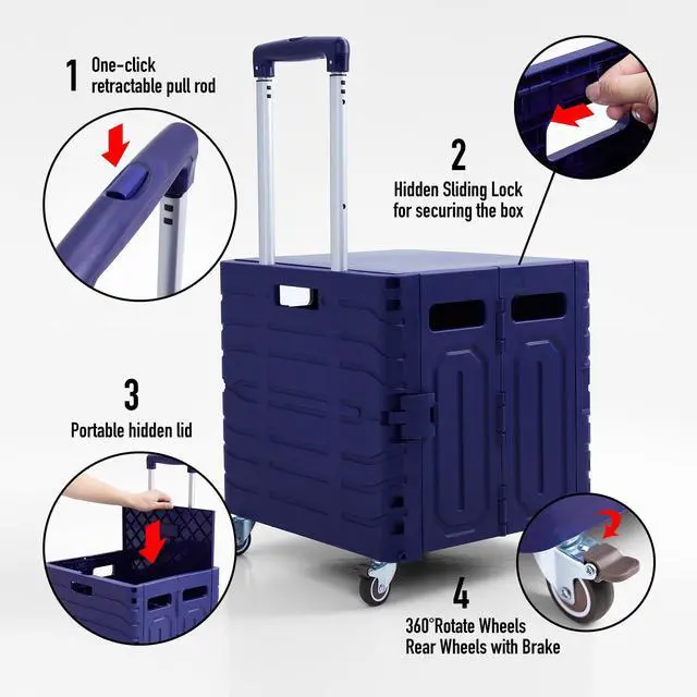 Alt view image 3 of 7 - Folding Utility Cart Portable Rolling Crate Handcart Foldable Shopping Trolley Collapsible, with Lid, on Wheels, for Grocery, Garden, Office, Storage, Teacher, Tool (Purple)