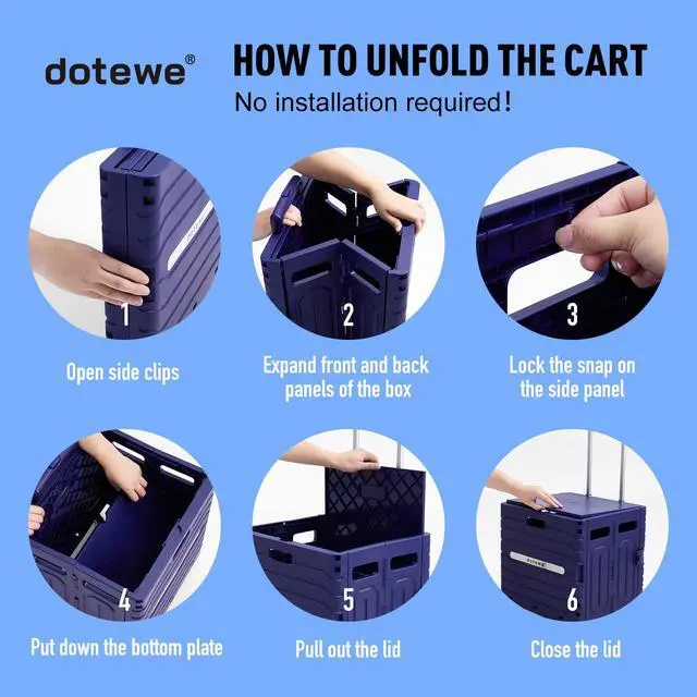 Alt view image 5 of 7 - Folding Utility Cart Portable Rolling Crate Handcart Foldable Shopping Trolley Collapsible, with Lid, on Wheels, for Grocery, Garden, Office, Storage, Teacher, Tool (Purple)