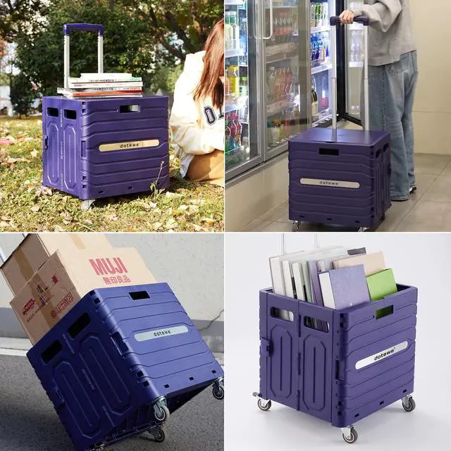 Alt view image 7 of 7 - Folding Utility Cart Portable Rolling Crate Handcart Foldable Shopping Trolley Collapsible, with Lid, on Wheels, for Grocery, Garden, Office, Storage, Teacher, Tool (Purple)