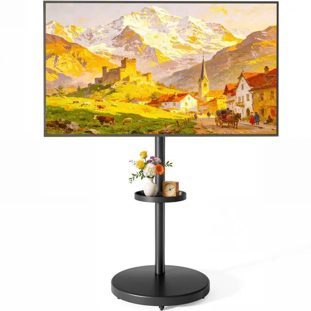 Main image of Rolling TV Stand for 32-65" TVs, 88 lbs, Black | Portrait or landscape mobile TV cart, adjustable storage box, shelf, height and tilt, VESA up to 400x400
