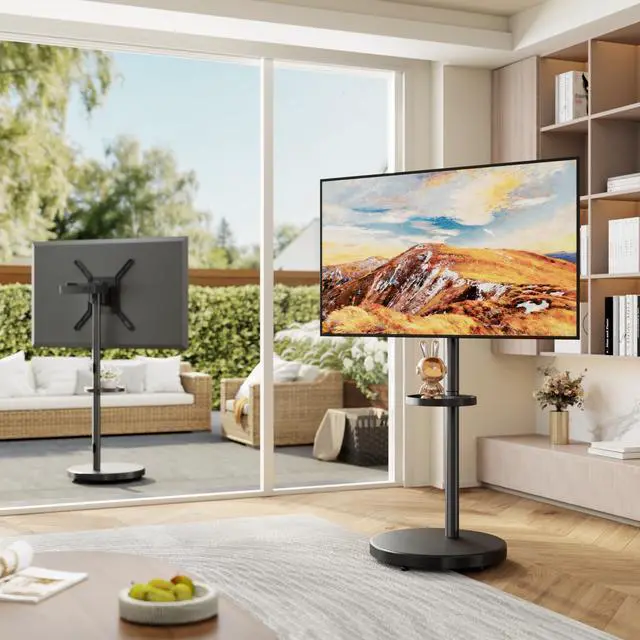 Alt view image 2 of 7 - Rolling TV Stand for 32-65" TVs, 88 lbs, Black | Portrait or landscape mobile TV cart, adjustable storage box, shelf, height and tilt, VESA up to 400x400