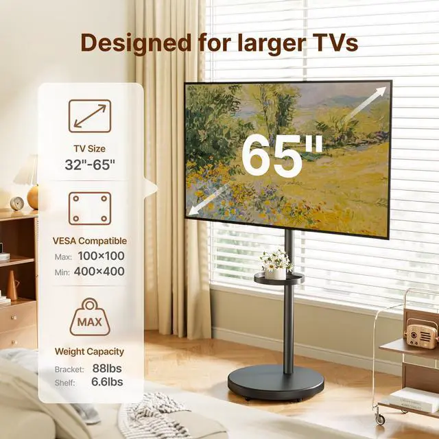 Alt view image 3 of 7 - Rolling TV Stand for 32-65" TVs, 88 lbs, Black | Portrait or landscape mobile TV cart, adjustable storage box, shelf, height and tilt, VESA up to 400x400
