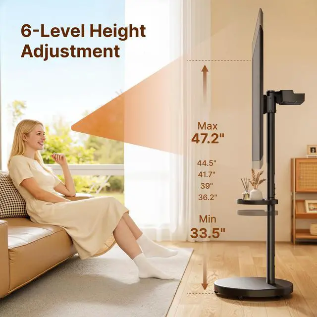 Alt view image 4 of 7 - Rolling TV Stand for 32-65" TVs, 88 lbs, Black | Portrait or landscape mobile TV cart, adjustable storage box, shelf, height and tilt, VESA up to 400x400