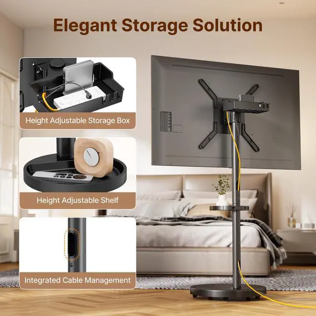 Alt view image 7 of 7 - Rolling TV Stand for 32-65" TVs, 88 lbs, Black | Portrait or landscape mobile TV cart, adjustable storage box, shelf, height and tilt, VESA up to 400x400