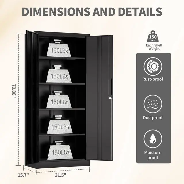 Alt view image 3 of 7 - Metal Storage Cabinet with Lock, 71"H Garage Storage Cabinet, Black | Storage Cabinet with 2 Doors and 4 Adjustable Shelves, Steel Locking File Cabinet for Garage Office Home, 71"H x 16"D x 32"W