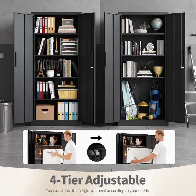 Alt view image 5 of 7 - Metal Storage Cabinet with Lock, 71"H Garage Storage Cabinet, Black | Storage Cabinet with 2 Doors and 4 Adjustable Shelves, Steel Locking File Cabinet for Garage Office Home, 71"H x 16"D x 32"W