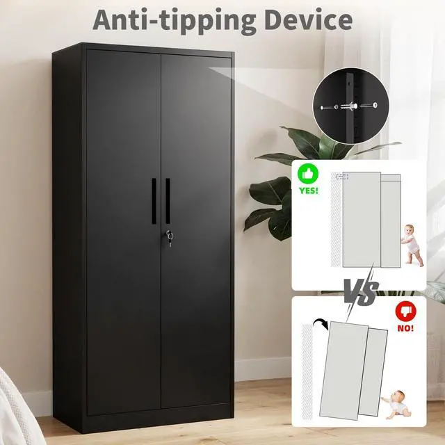 Alt view image 7 of 7 - Metal Storage Cabinet with Lock, 71"H Garage Storage Cabinet, Black | Storage Cabinet with 2 Doors and 4 Adjustable Shelves, Steel Locking File Cabinet for Garage Office Home, 71"H x 16"D x 32"W